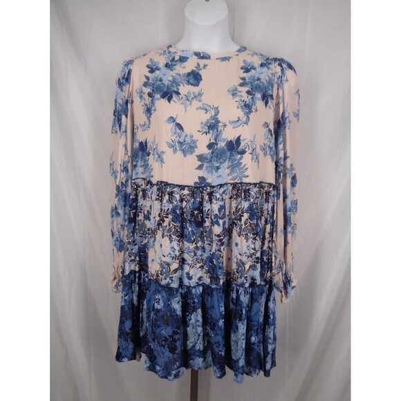 Penelope Rose Floral Tiered Mini Swing Dress 1X Romantic Cottagecore Pink Blue - Picture 1 of 16
